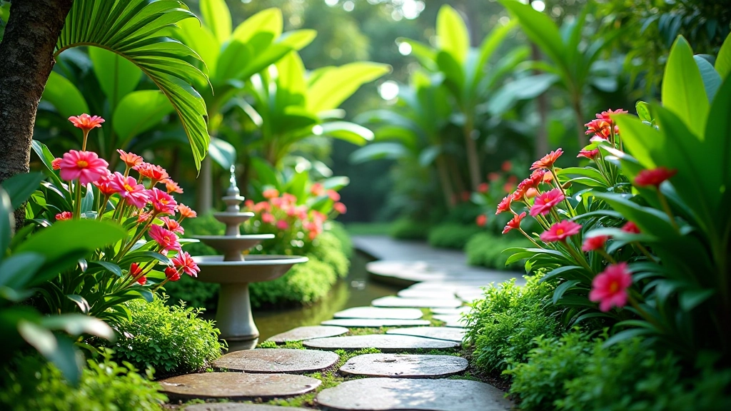 Lush garden pathway with blooming tropical flowers and peaceful water feature
