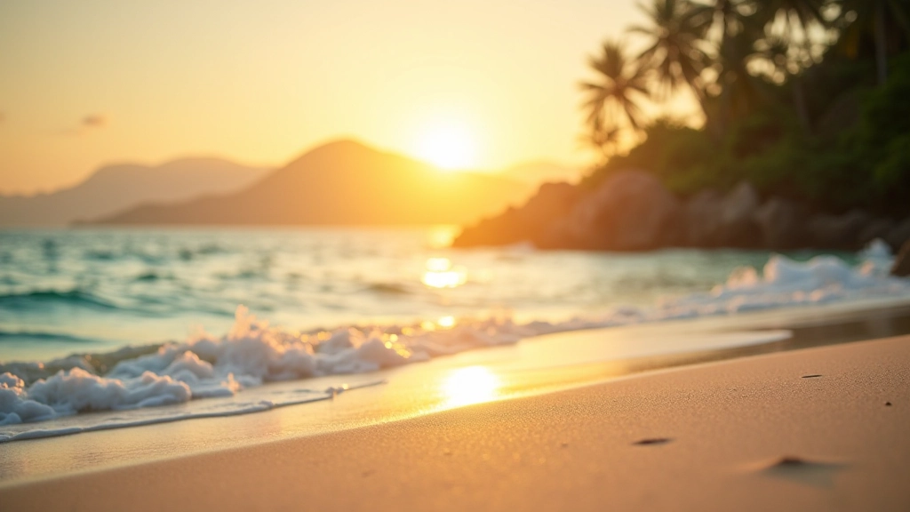 Tranquil beach at sunset with gentle waves and golden light reflecting on sand
